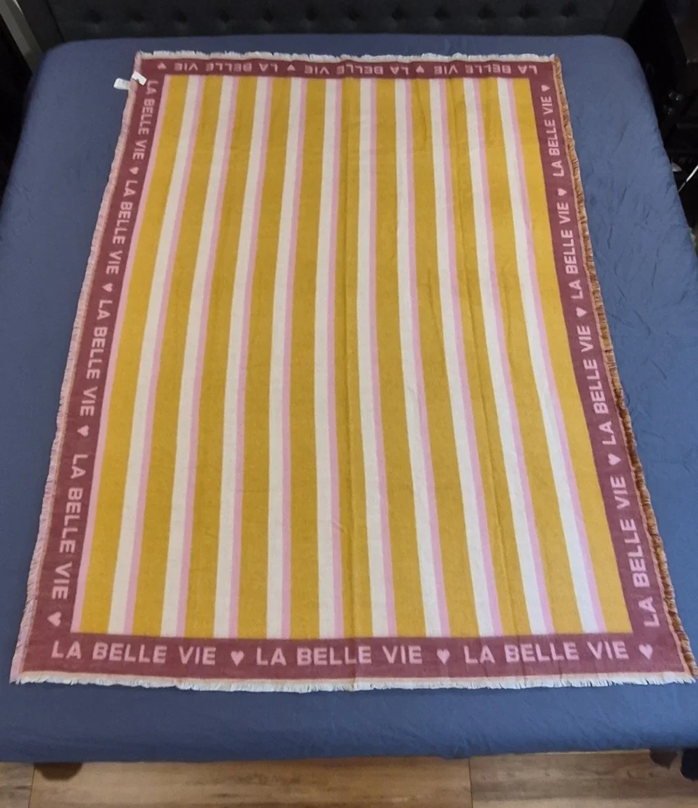 Anthropologie Cozy La Belle Vie Fringed Woven Throw Blanket Pink Yellow 50x70